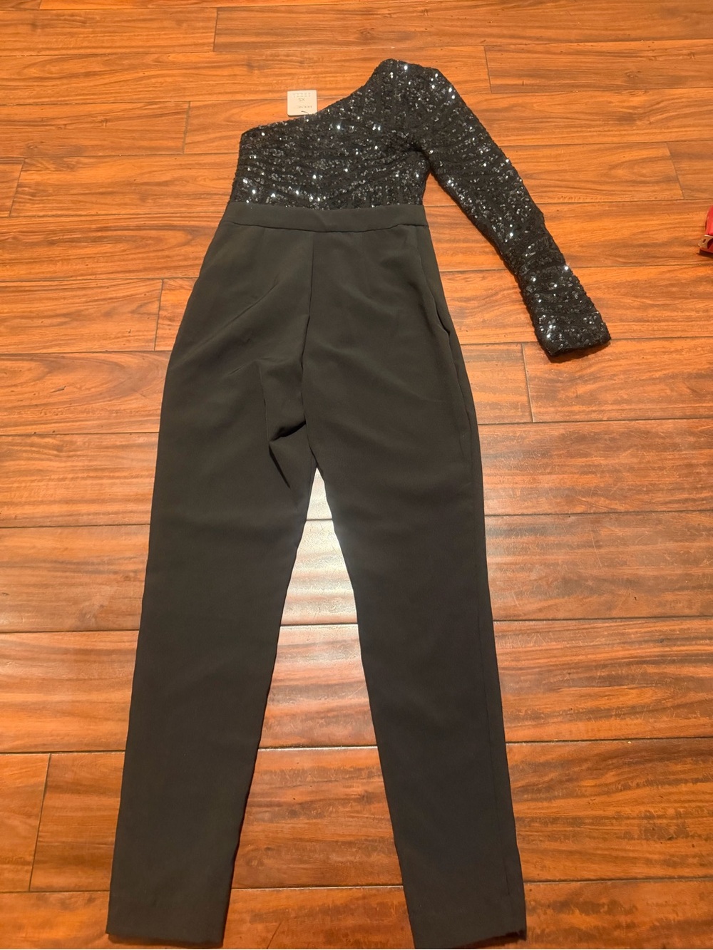 House of CB Black One-Shoulder Sequin Jumpsuit with Long Sleeve - Picture 8 of 9